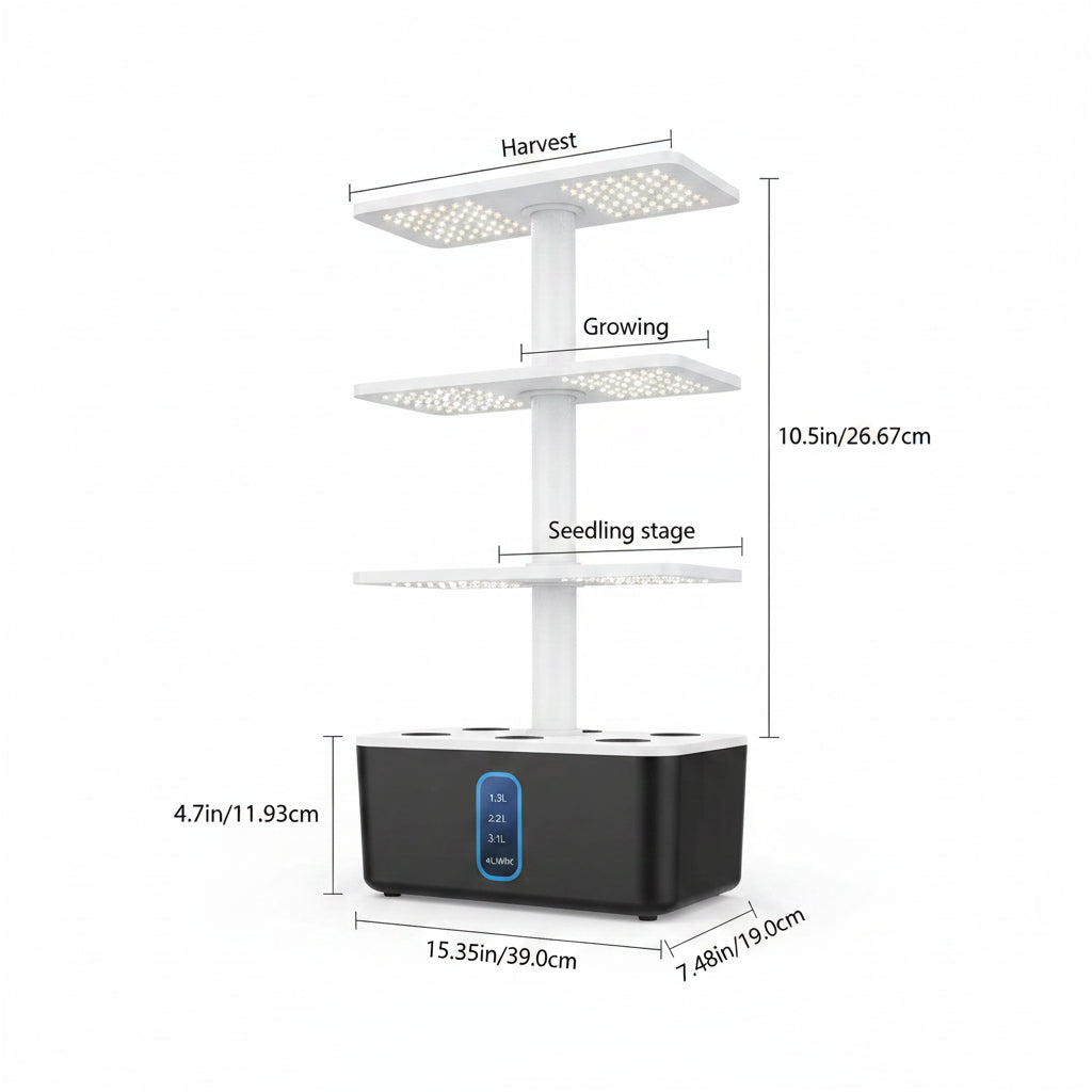 Diagram of a three-tier LED grow light with labeled stages and dimensions.