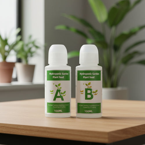 Two bottles of hydroponic garden plant food labeled A and B on a white background.